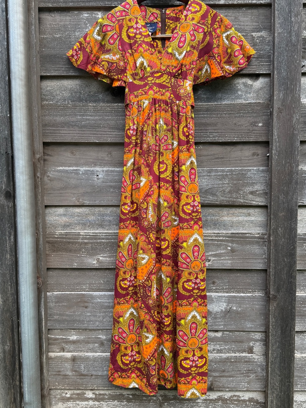 Vintage 70s Paisley Orange Batwing Sleeve Empire Waist Maxi Dress S/M - Picture 3 of 7